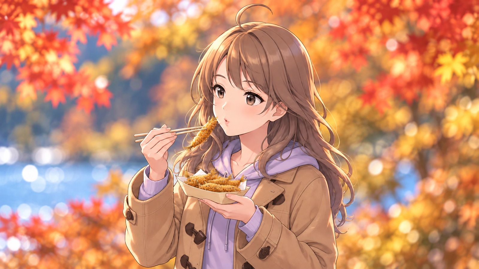 紅葉と湖の光がやわらかくぼける湖畔で、キャメルのダッフルコートと薄紫のパーカー姿の主人公が、舟形の紙皿のワカサギフライを箸で口元へ運び、ふうっと冷ます