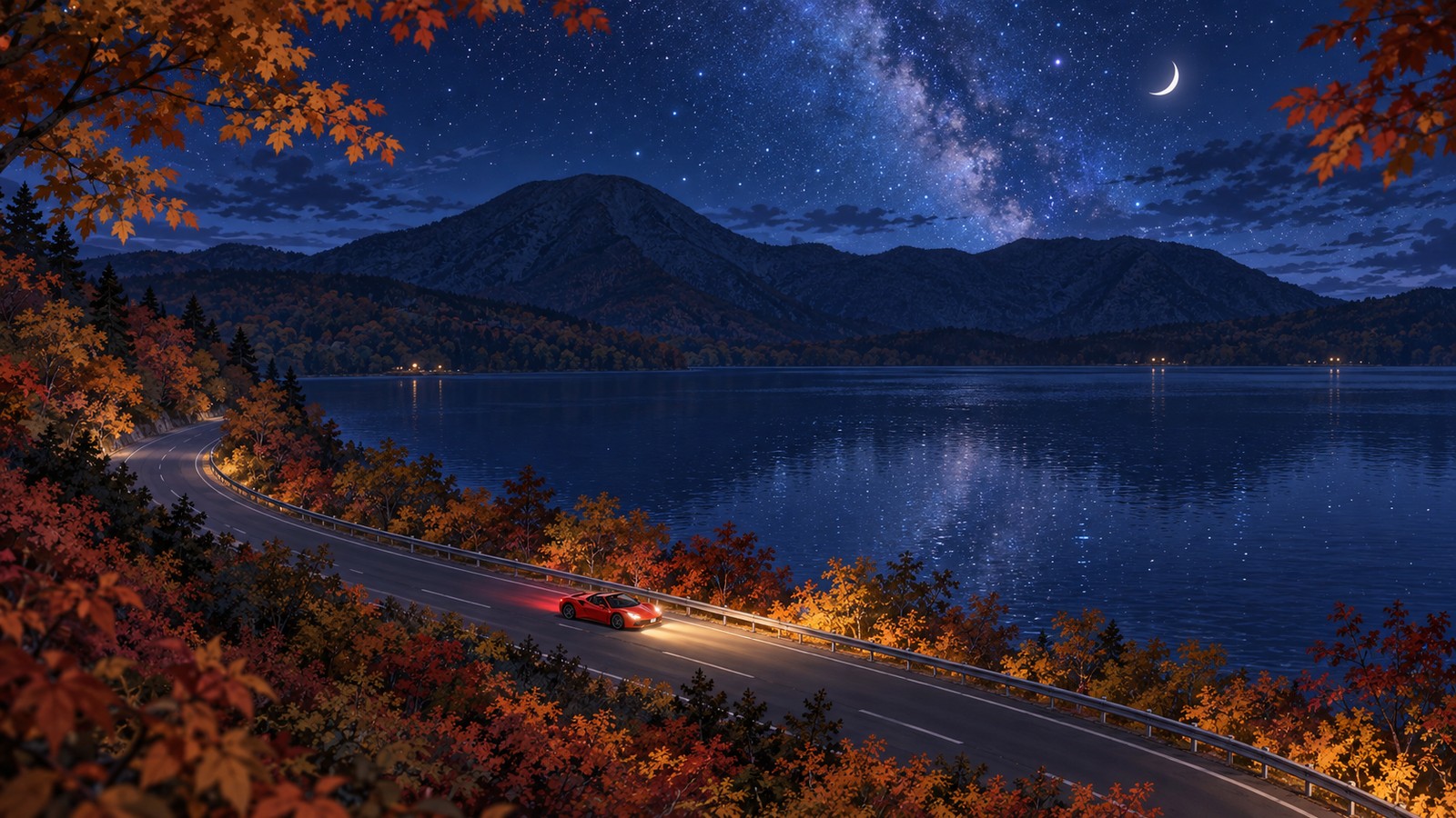 秋の夜、紅葉の斜面から見下ろす大沼。湖畔の道を赤いオープンカーがライトをつけて走り、湖の向こうに黒檜山の影、空には天の川と細い月