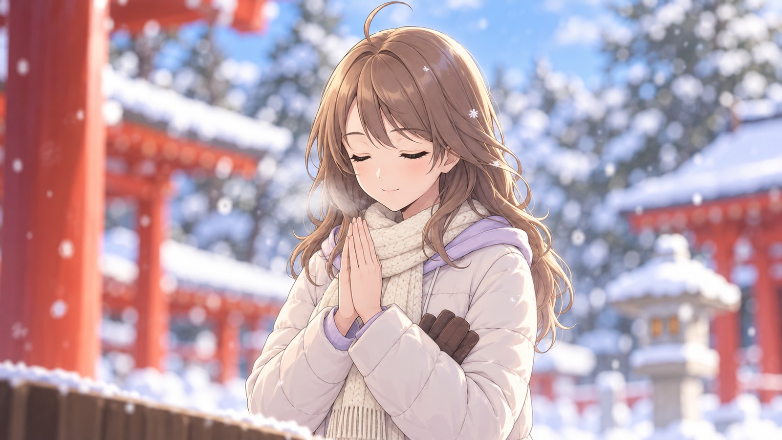 雪の舞う赤城神社で、クリーム色の中綿ジャケットとマフラー姿の主人公が、手袋を外して両手を合わせ、目を閉じてお参りする