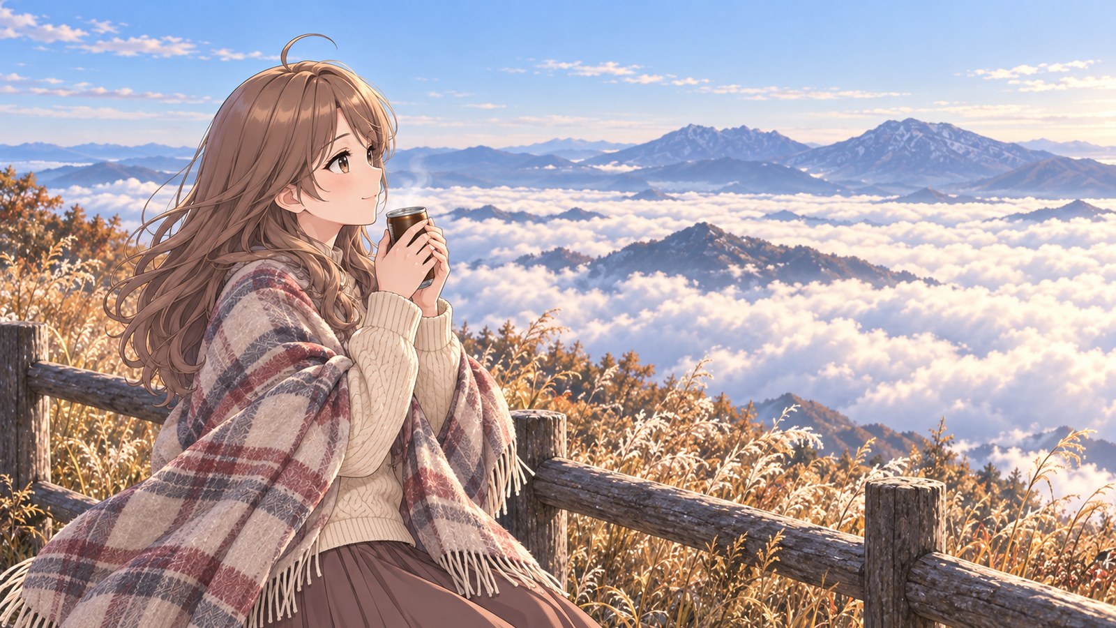 朝の大観峰の柵の前で、チェックの毛布を肩にかけた主人公が、両手で包んだ缶コーヒーをひと口飲んで、カルデラを埋める雲海と山々を眺める