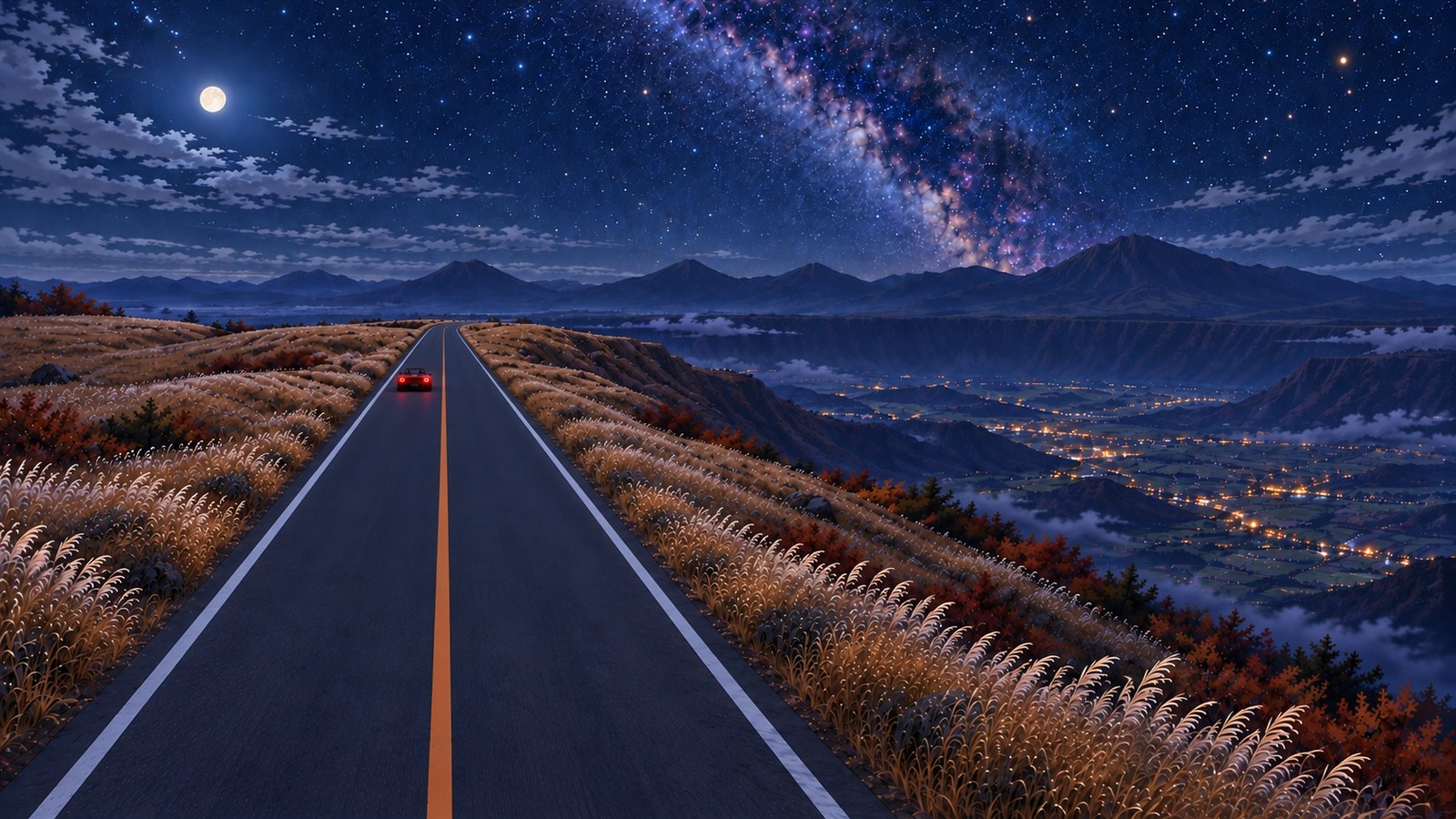 秋の夜、すすきの揺れる外輪山の尾根にまっすぐ延びるミルクロードを、赤いオープンカーが尾灯を光らせて遠ざかる。右の眼下にカルデラの町の明かり、奥に阿蘇五岳の影と天の川