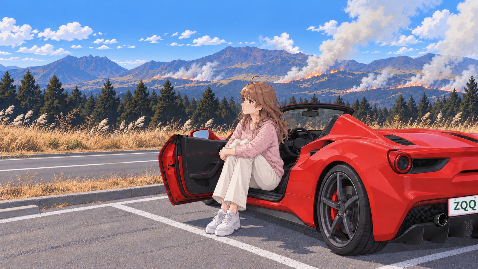 かぶと岩展望所の売店の駐車場に停めた赤いオープンカーのドアを開けて座り、膝を抱えて、道と林の向こうの遠い山すその斜面を進む野焼きの炎と煙を見つめる主人公。ピンクのケーブルニットにクリーム色のワイドパンツ