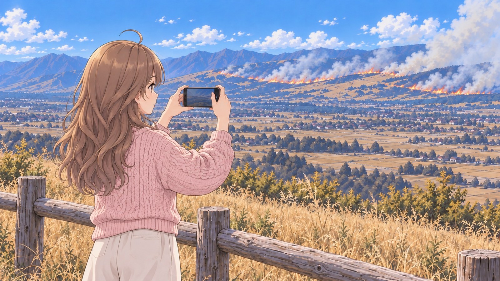 展望所の丸太の柵の前で、ピンクのケーブルニットの主人公がスマホを横に構えて、カルデラの向こうの斜面を進む野焼きの炎と、横へなびく煙を草原の広がりごと画面に収める