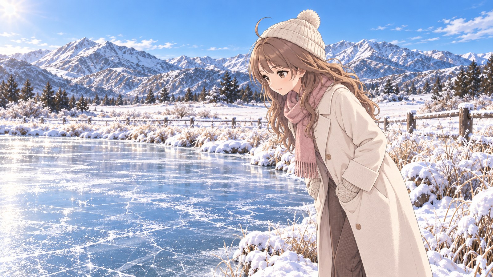 雪の草千里で、クリーム色のコートに白いニット帽とピンクのマフラーの主人公が、ポケットに手を入れたまま、凍った池の氷に走る白い模様をのぞきこむ