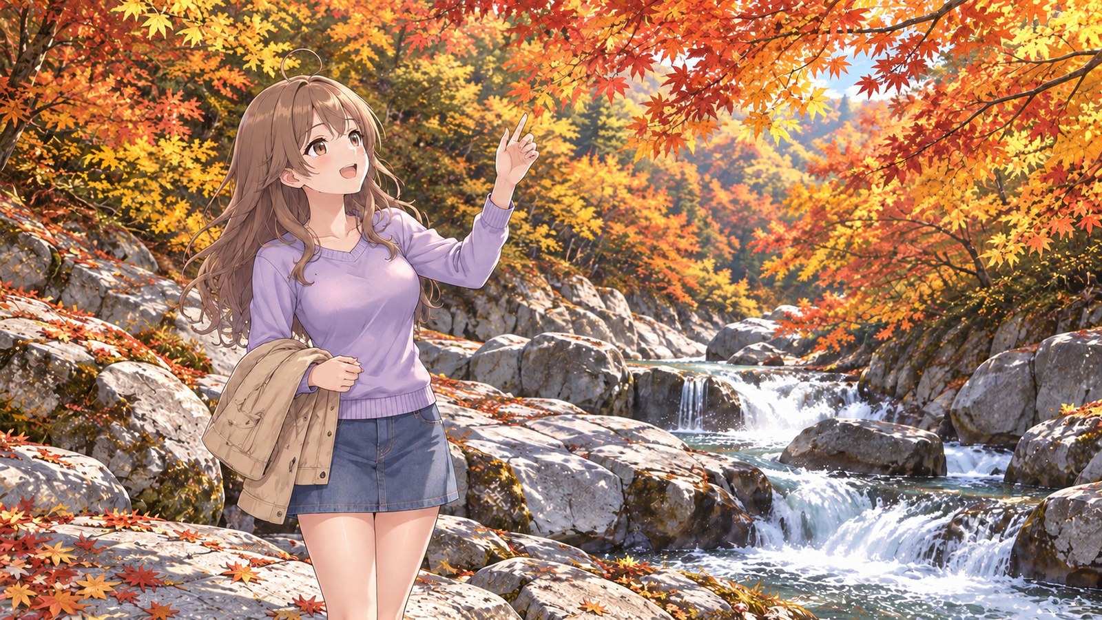 Beside the river in Nakatsugawa Gorge, autumn leaves arch overhead. The woman in a pale purple knit top, denim miniskirt and black tights has her jacket draped over one arm and points up at the leaves from a rock. Behind her, white water tumbles between the rocks.