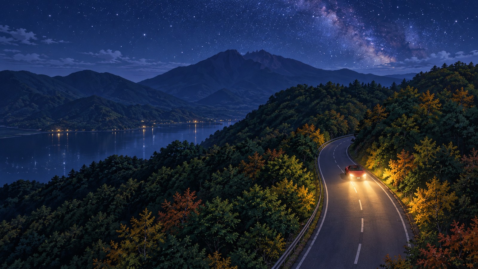 On an early October night, a red convertible with its headlights on drives towards us along the Bandai-Azuma Lake Line, which follows a forested ridge. Below, a lake reflects the stars; in the distance are the silhouette of Mount Bandai and the Milky Way.