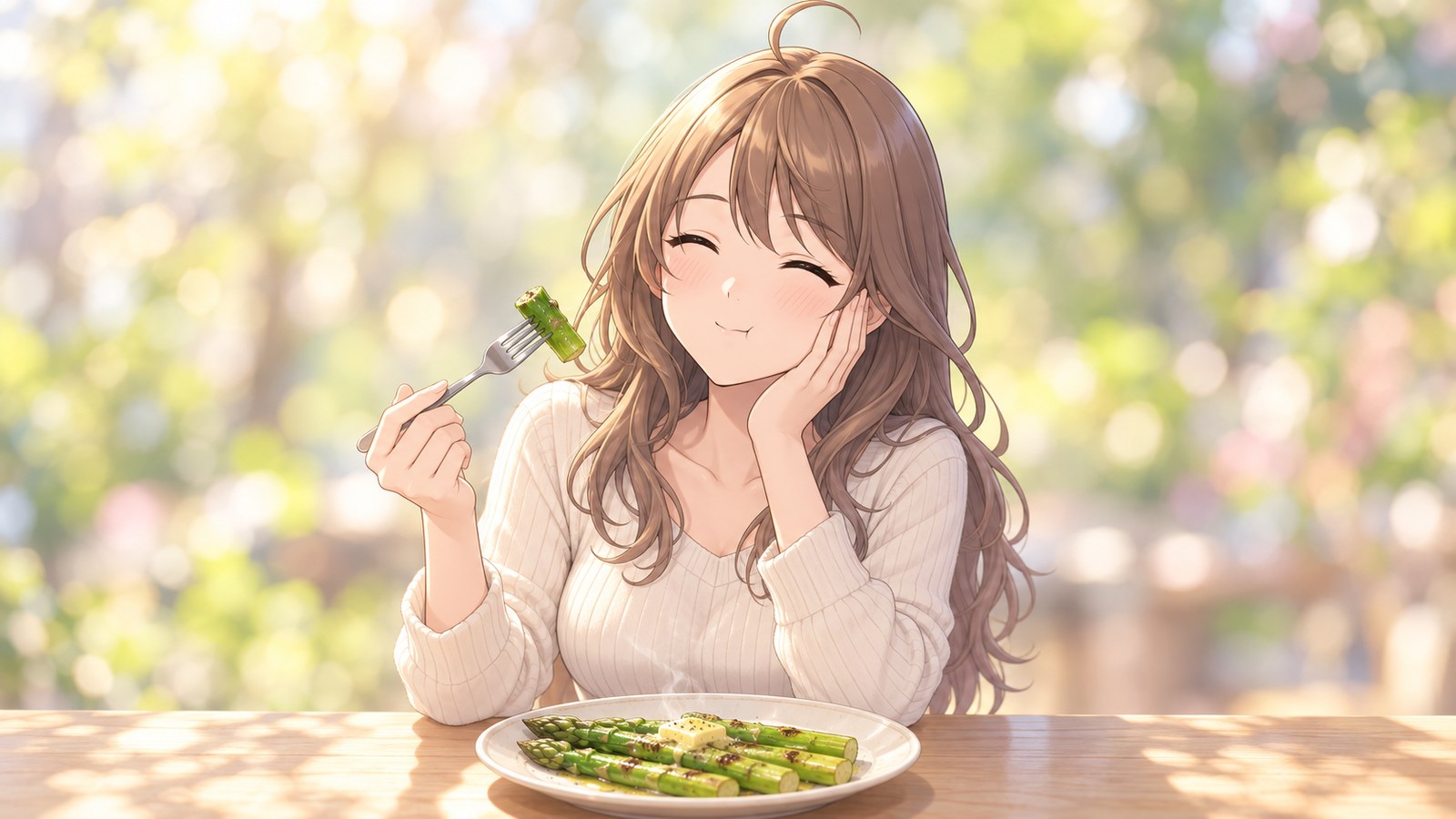 バターをのせて焼いた太いアスパラをほおばり、頬に手を当てて目を閉じる主人公。皿から湯気が立つ