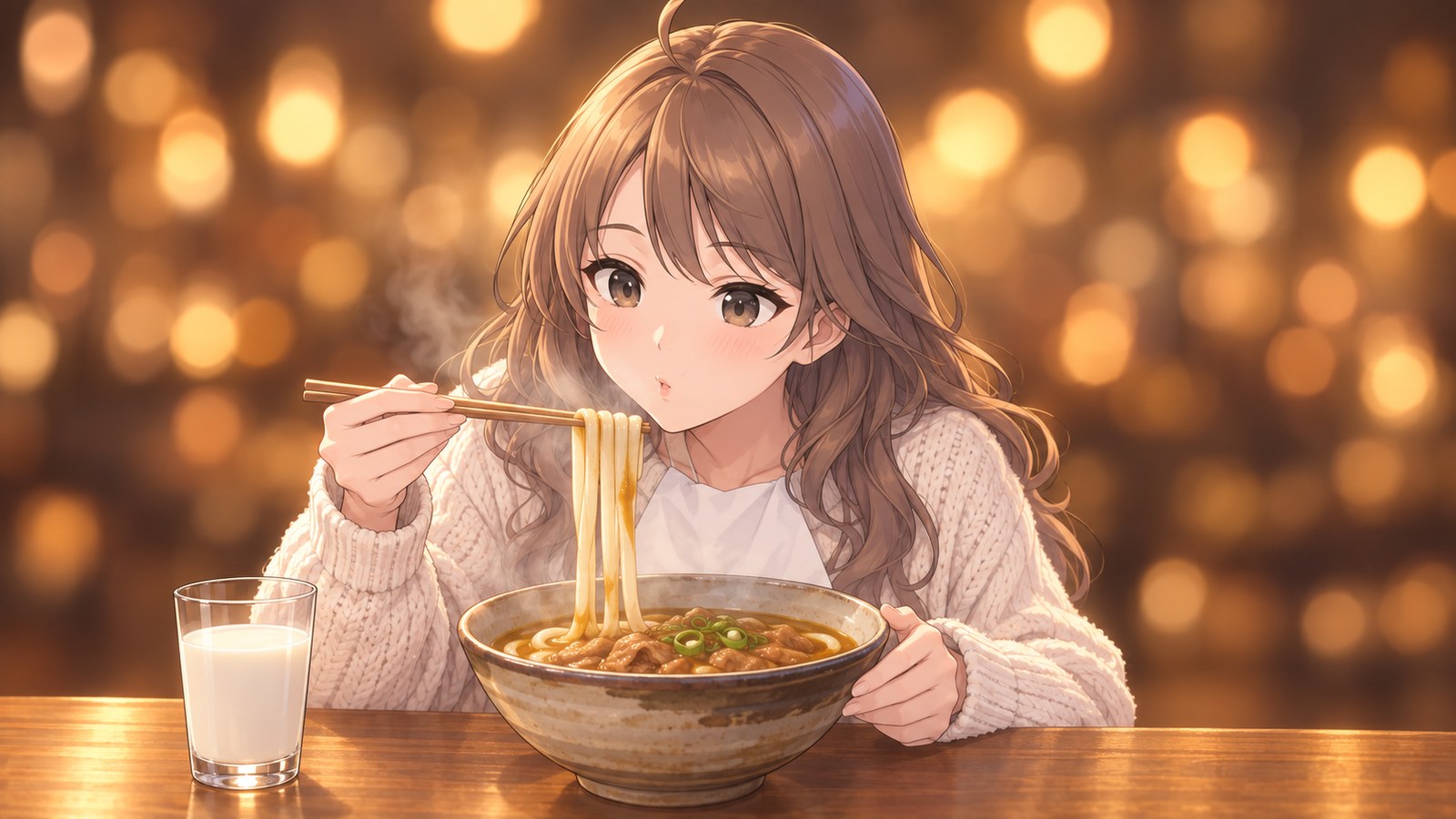 白いニットの胸もとに紙ナプキンを差しこみ、湯気の立つカレーうどんを箸で持ち上げて、ふうふう冷ます主人公。そばに小さなコップの牛乳