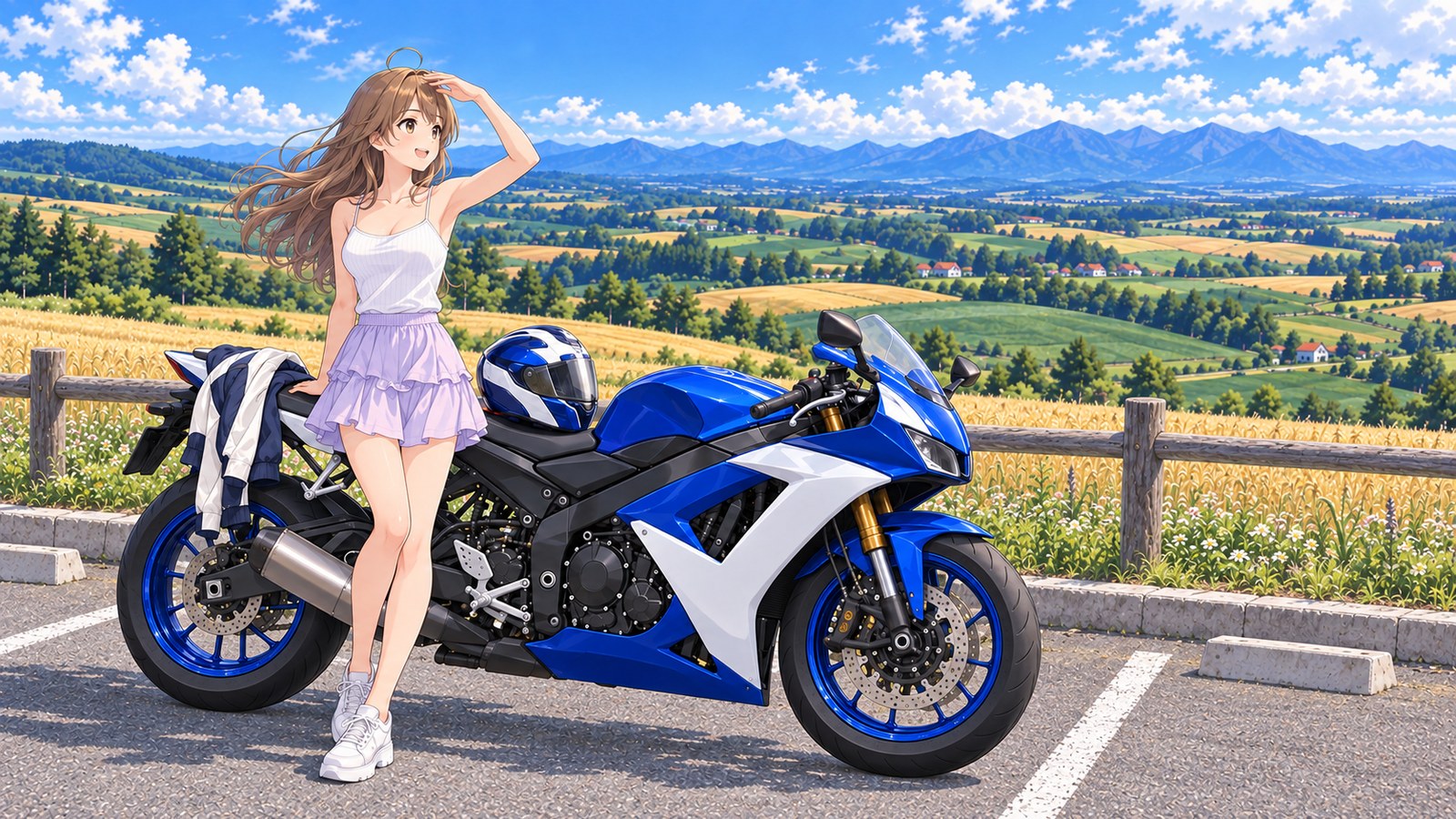 丘の上の展望公園の駐車場の白線の区画に青と白のバイクを停め、ヘルメットをシートに置いて、手をかざして柵の向こうの小麦畑を眺める主人公。白いキャミソールと薄紫のミニスカート