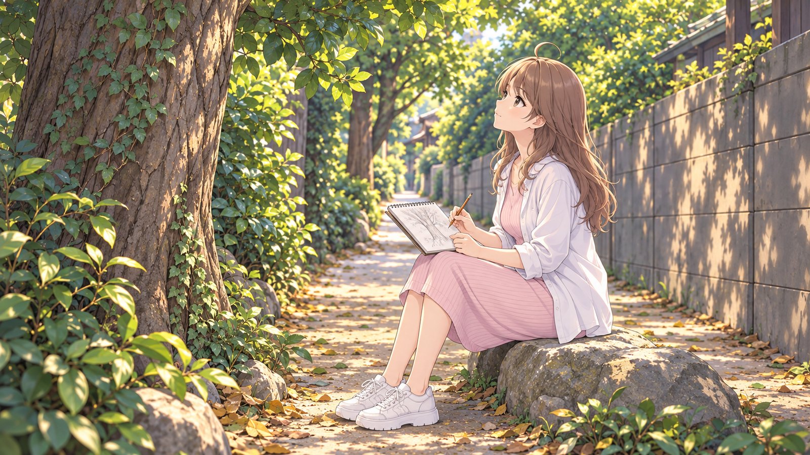 フクギ並木の道ばたの石に腰かけ、ピンクのニットのワンピースと白いシャツの主人公が、膝の上のスケッチブックに鉛筆を持ったまま、目の前の太い幹を見上げる