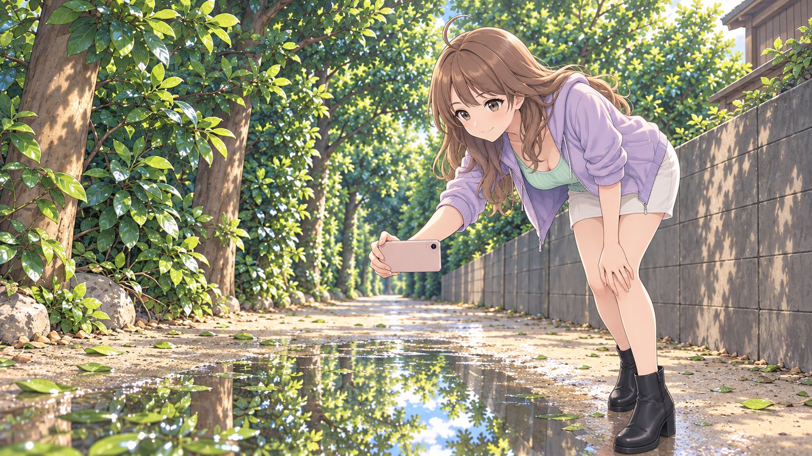 雨上がりのフクギ並木で、ラベンダーのパーカーと白いミニスカートの主人公が前にかがみ、水たまりに映る葉と空をスマートフォンで撮る。足もとの水たまりに並木の緑と青空