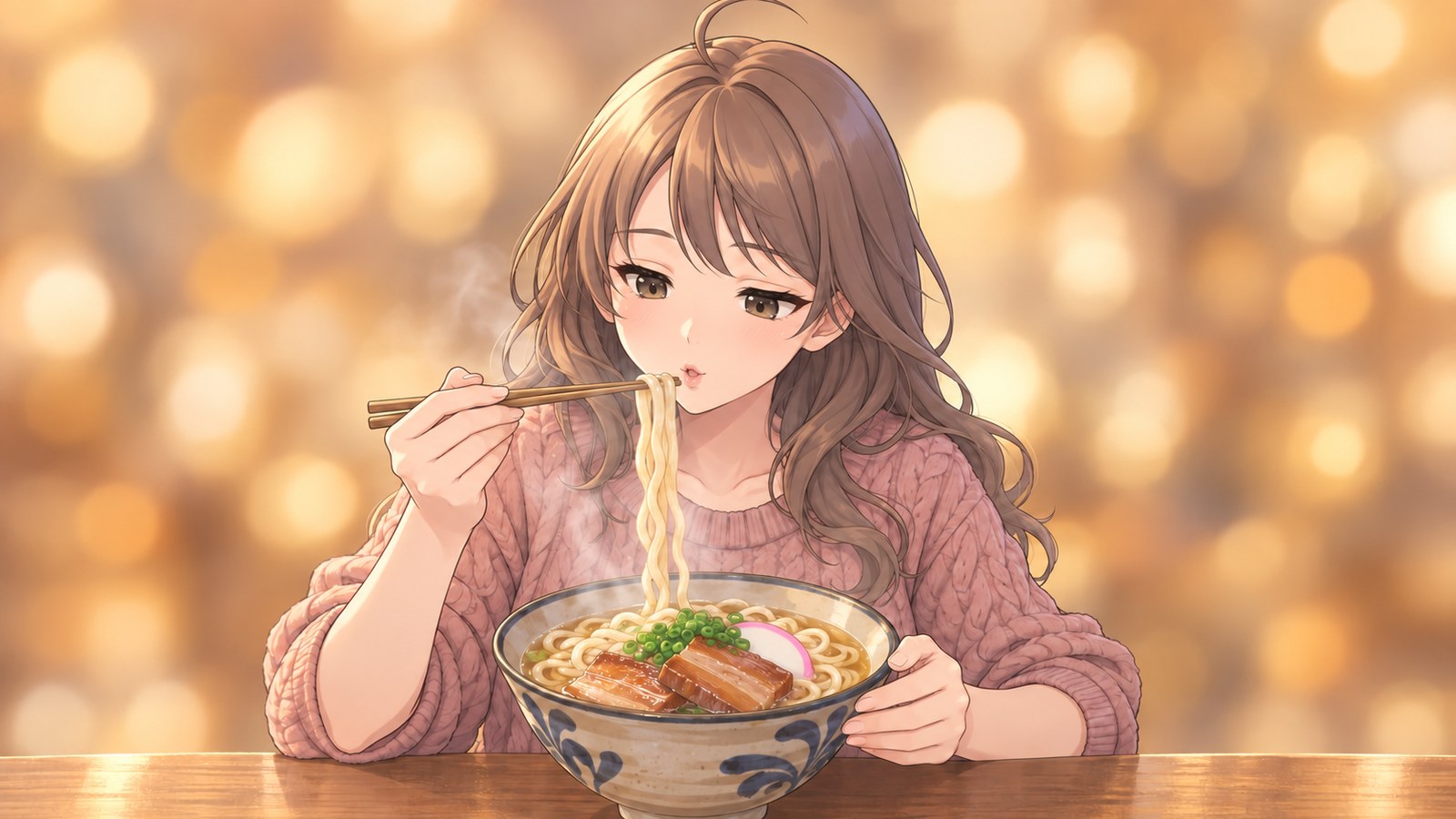 上着を脱いだくすみピンクのケーブルニット姿の主人公が、湯気の立つ沖縄そばの太い麺を箸で持ち上げ、麺を見ながらふうふう冷ます。どんぶりには三枚肉とかまぼことねぎ