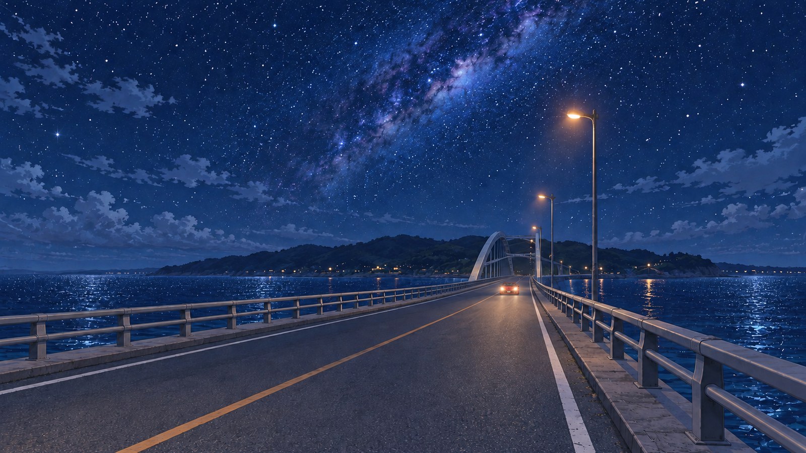 8月の夜、海の上をまっすぐ延びる瀬底大橋を、赤いオープンカーがライトをつけてこちらへ渡ってくる。奥に白いアーチと瀬底島の影、空には天の川