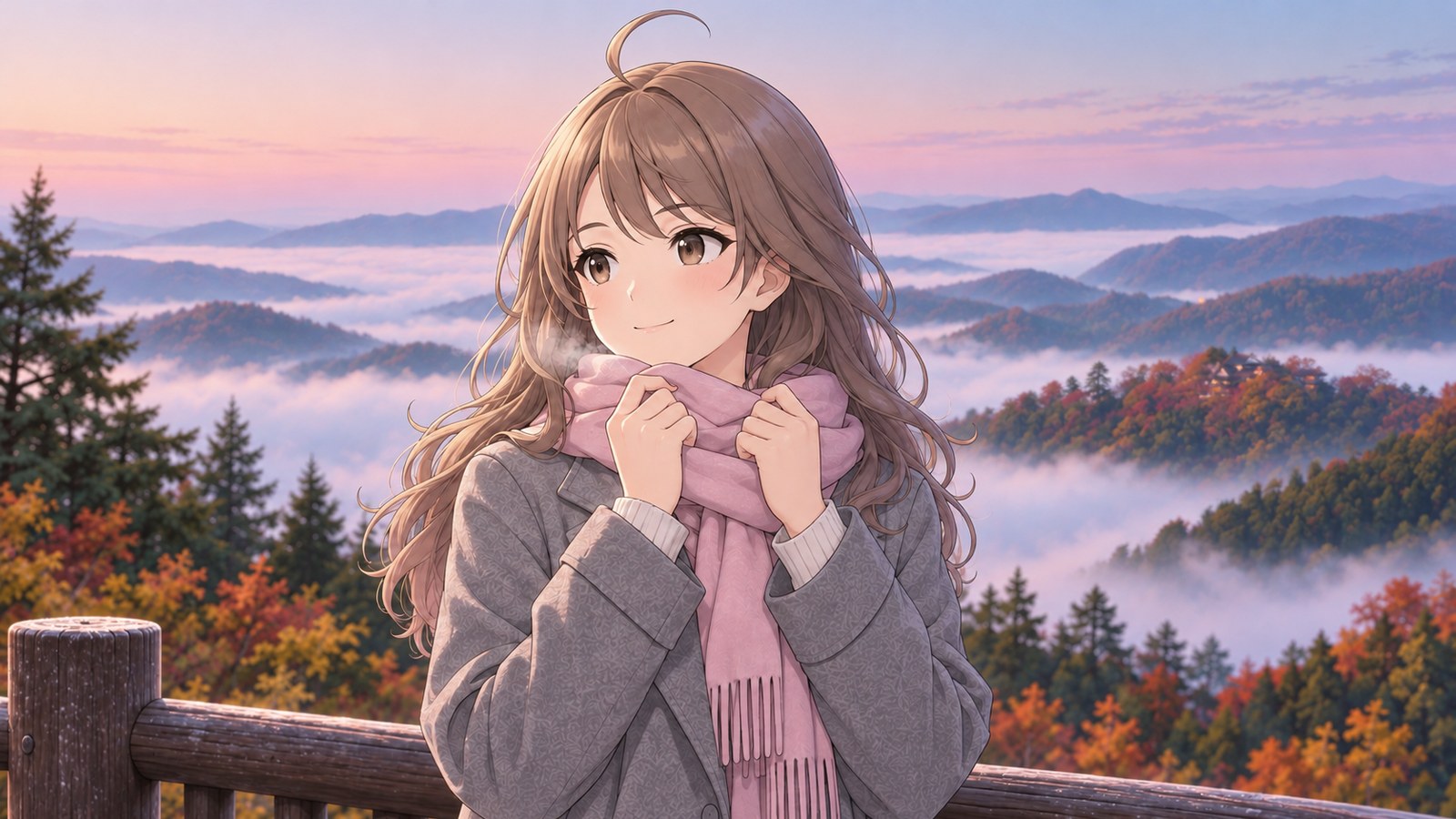 雲海と紅葉の山を背に、グレーのコート姿の主人公がピンクのマフラーを両手で口もとまで引き上げ、白い息をこぼしてほほえむ。空は明け方の桃色と薄紫