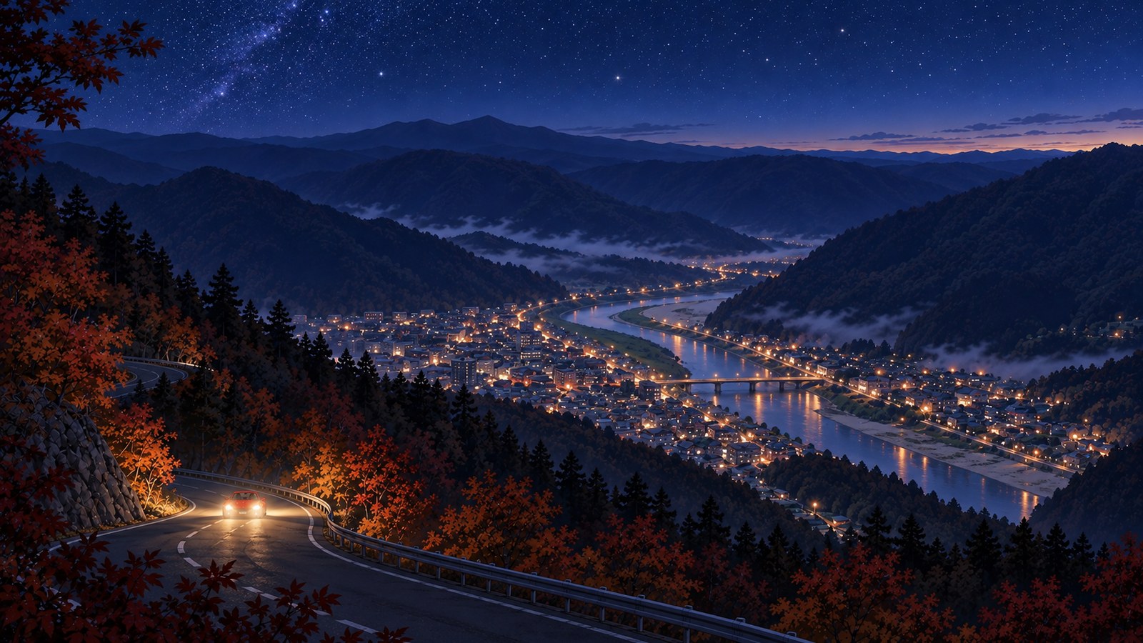 11月中旬の夜明け前、紅葉の山道のカーブを赤いオープンカーがライトをつけて上ってくる。谷の下には川沿いに広がる町の明かりと橋、白い霧、空には星