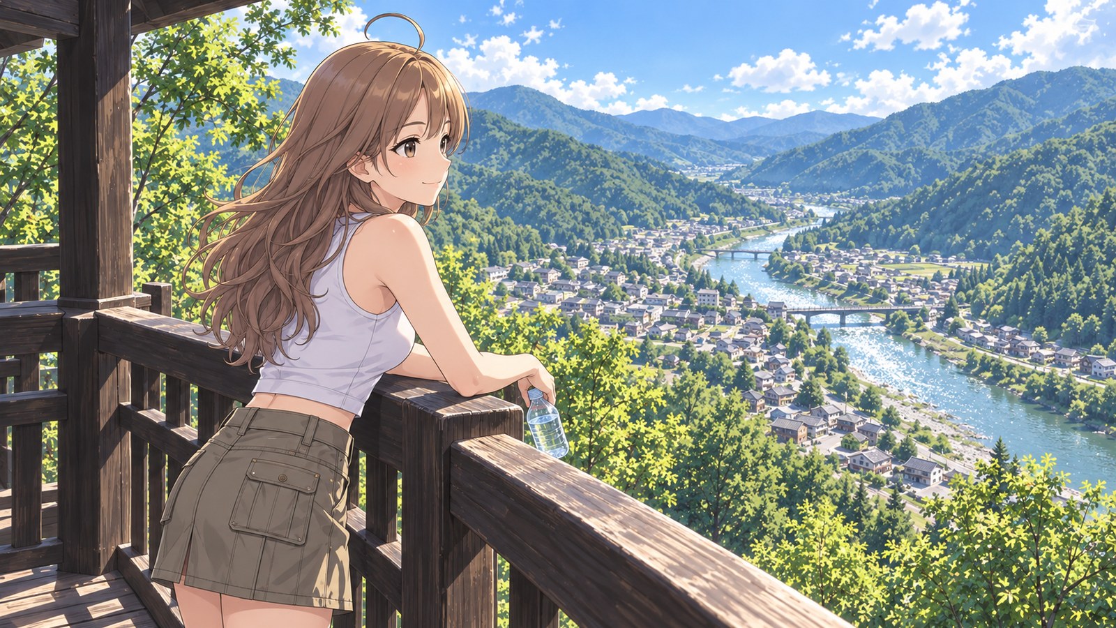夏の雲海展望台で、白いタンクトップとカーキのカーゴミニの主人公が木の手すりに腕をのせ、谷の下を流れる高梁川と川沿いの町を見下ろす。手には水のボトル