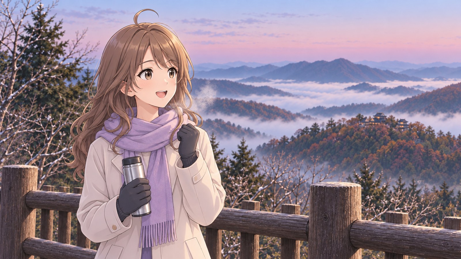 12月上旬の雲海展望台で、アイボリーのコートとラベンダーのマフラーの主人公が、手袋をした手で小さくこぶしを握って笑う。もう片方の手に保温瓶、奥の霧の上に天守と櫓