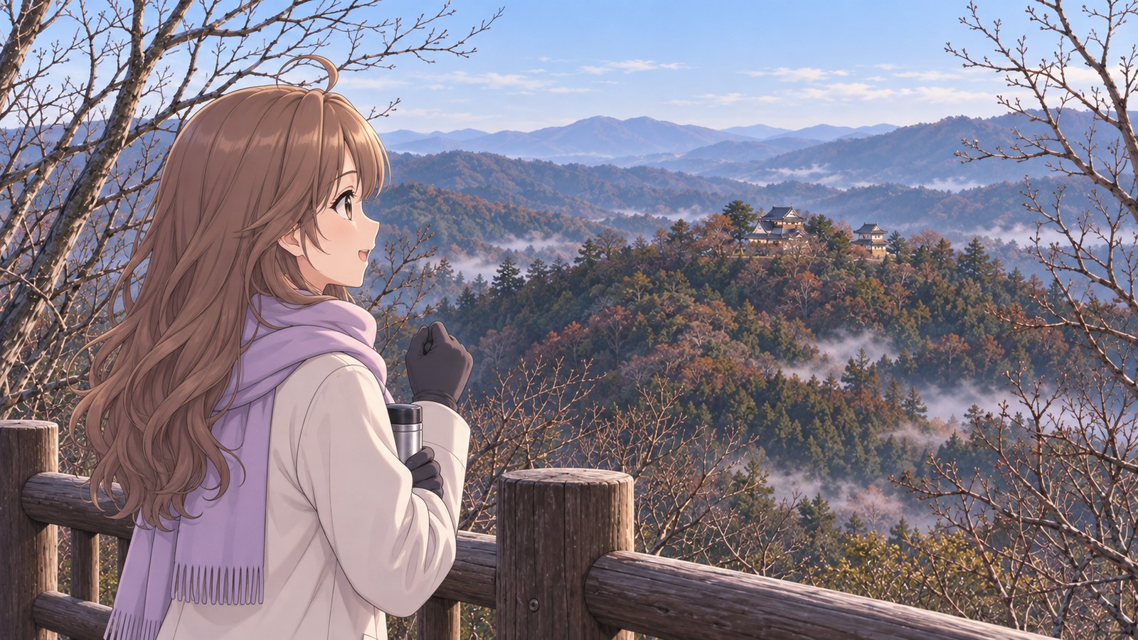 12月上旬の雲海展望台で、アイボリーのコートとラベンダーのマフラーの主人公が、手袋の手で小さくこぶしを握る。葉の落ちた枝の間から、谷にうすく霧の残る山の上に、天守と二重櫓の2つの屋根が見える