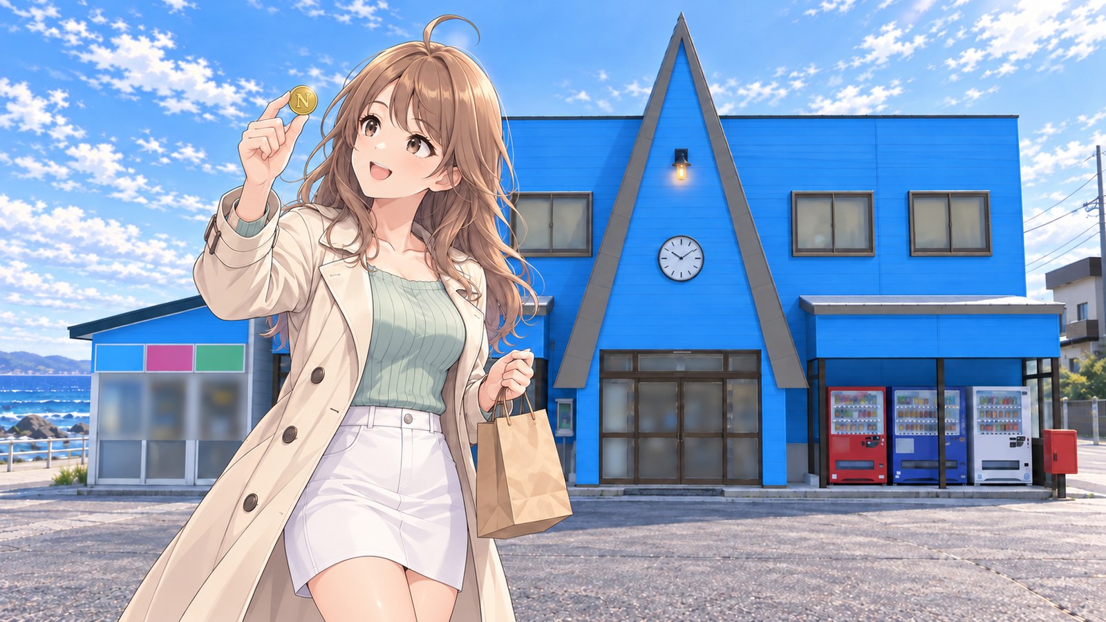 春の宗谷岬で、ベージュのトレンチコートの主人公が、まん中に三角の屋根がとがった青いお土産屋さんの前で、「N」の入った金色の記念のコインを指でつまんでかざし、笑う。もう片方の手には紙の手さげ袋