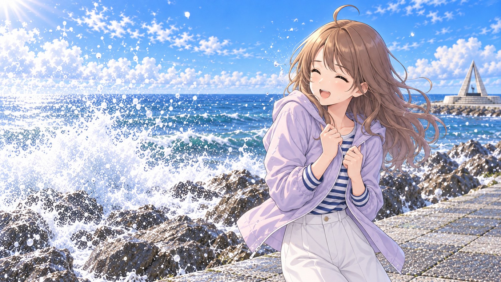 夏の宗谷岬で、薄手の上着を羽織った主人公が、岩の海岸に当たる波のしぶきに驚いて、上着の前を両手で合わせて笑う。遠くに日本最北端の地の碑
