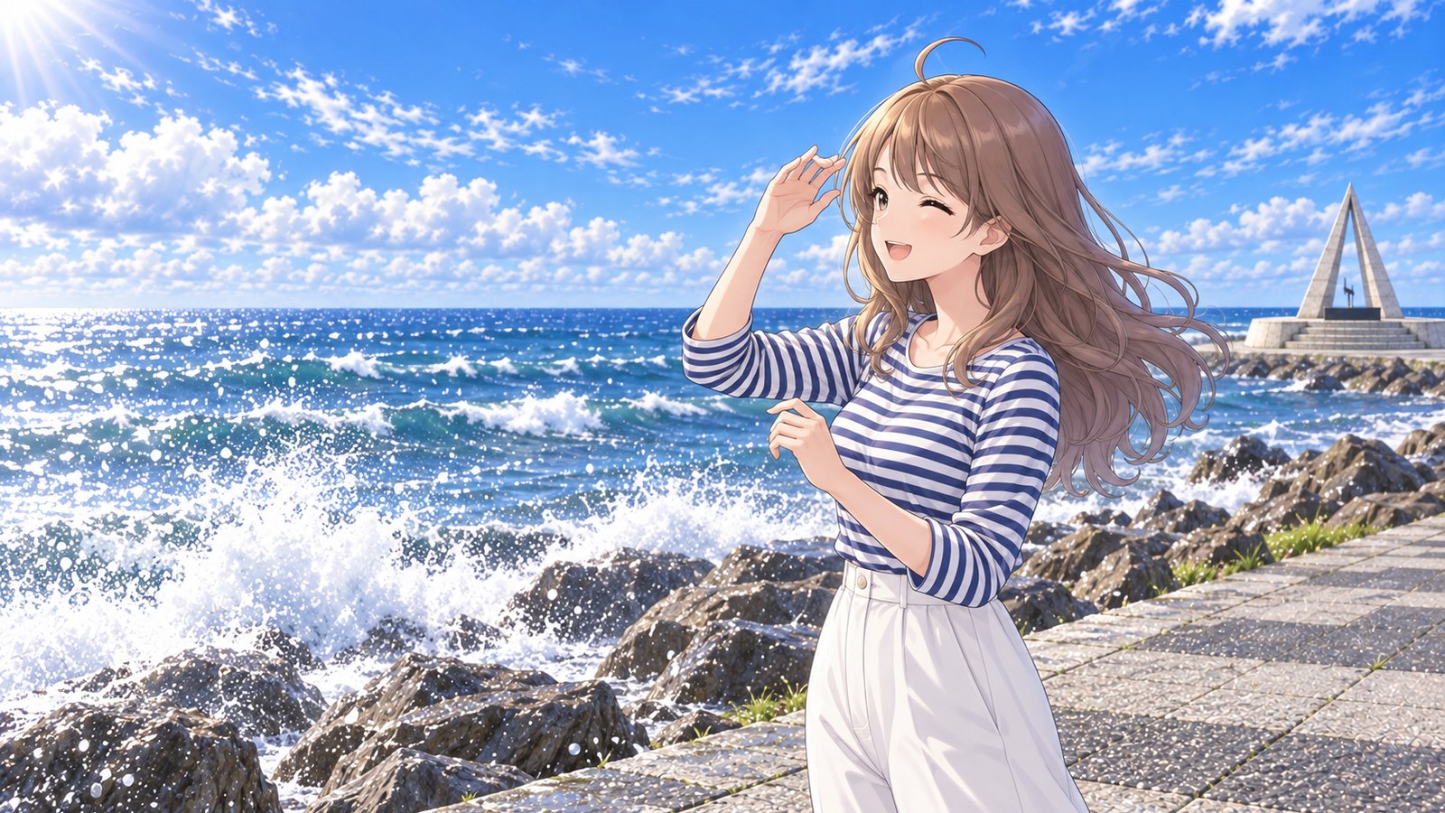 夏の宗谷岬で、ボーダーのトップスと白いパンツの主人公が、岩の海岸に当たる波のしぶきに目を細めて笑う。遠くに日本最北端の地の碑