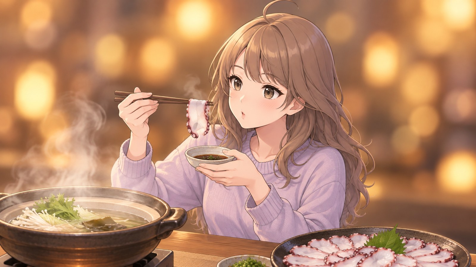 冬の夜、稚内の宿で、薄紫のニットの主人公が、鍋でさっとくぐらせたたこの薄切りを箸で持ち上げ、ふうっと息を吹きかける。片手には小さなたれの器、手前には湯気の立つ鍋と、たこの薄切りを並べた大皿