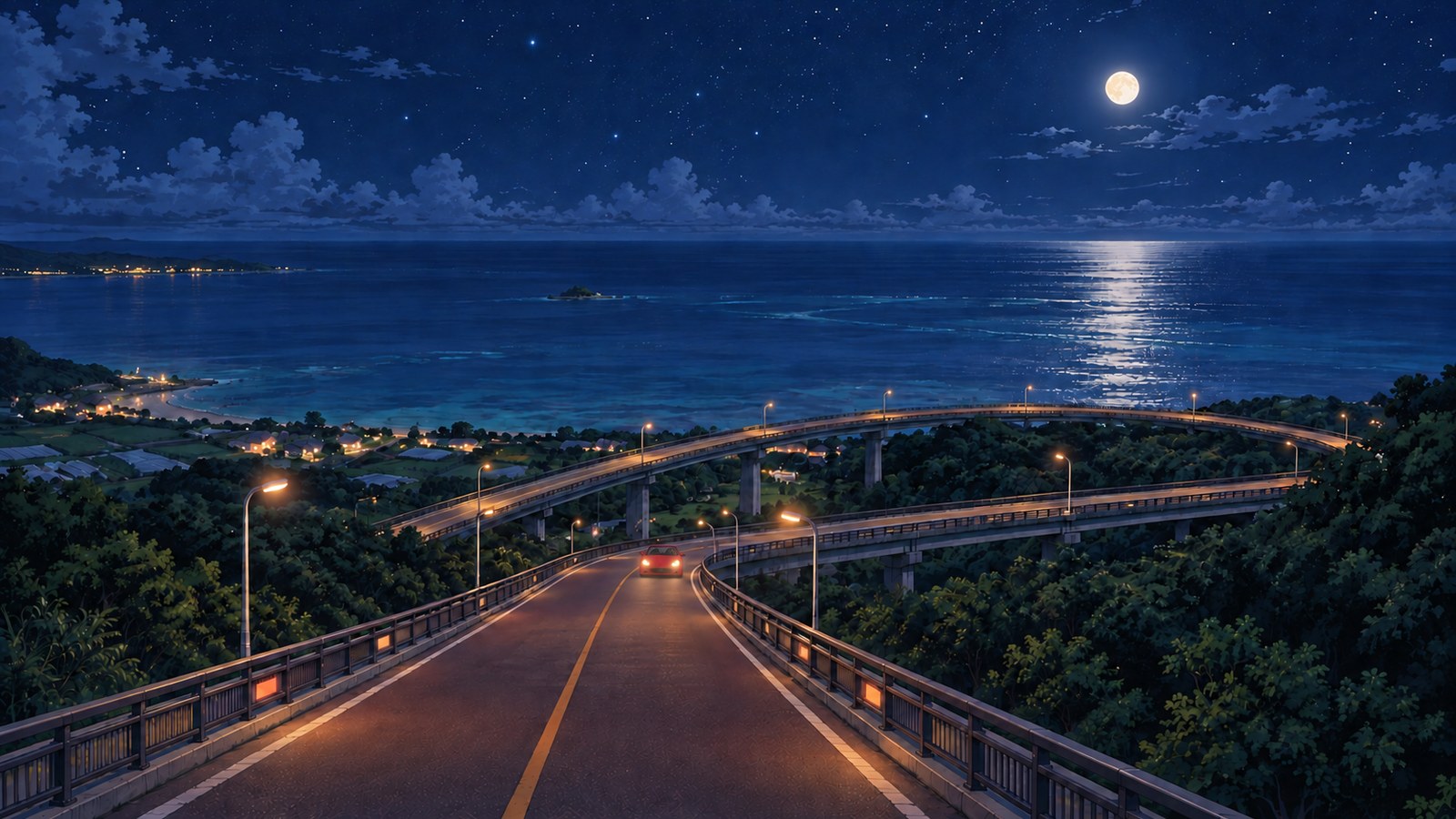 8月の夜、海へ下る丘に大きな弧を描くニライ橋・カナイ橋を、赤いオープンカーがライトをつけて上ってくる。眼下の海に月の光の道、空には星