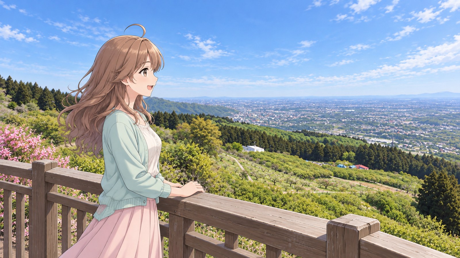 5月の朝、中間平の展望デッキの手すりに手を置いた主人公が、新緑の斜面の先に広がる寄居の町と関東平野を見渡しながら、隣の友達に話しかける。ミントのカーディガンと淡いピンクのプリーツスカート