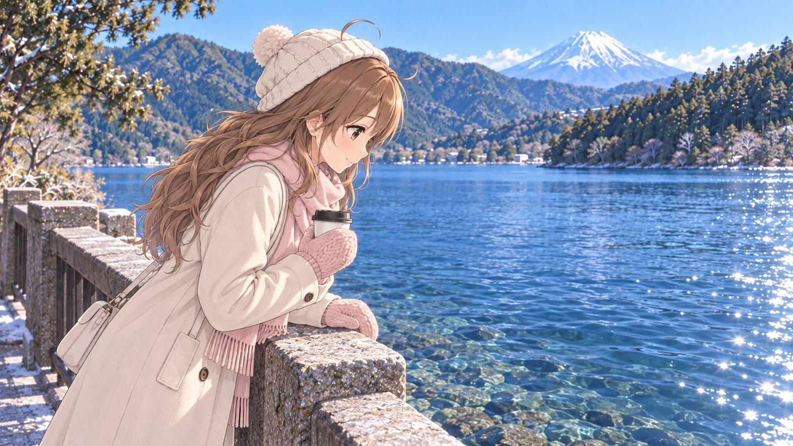 冬の朝の芦ノ湖畔で、白いニット帽とピンクのマフラーの主人公が、紙カップを手に石の柵から湖の水の中をのぞきこむ。奥に雪をかぶった富士山