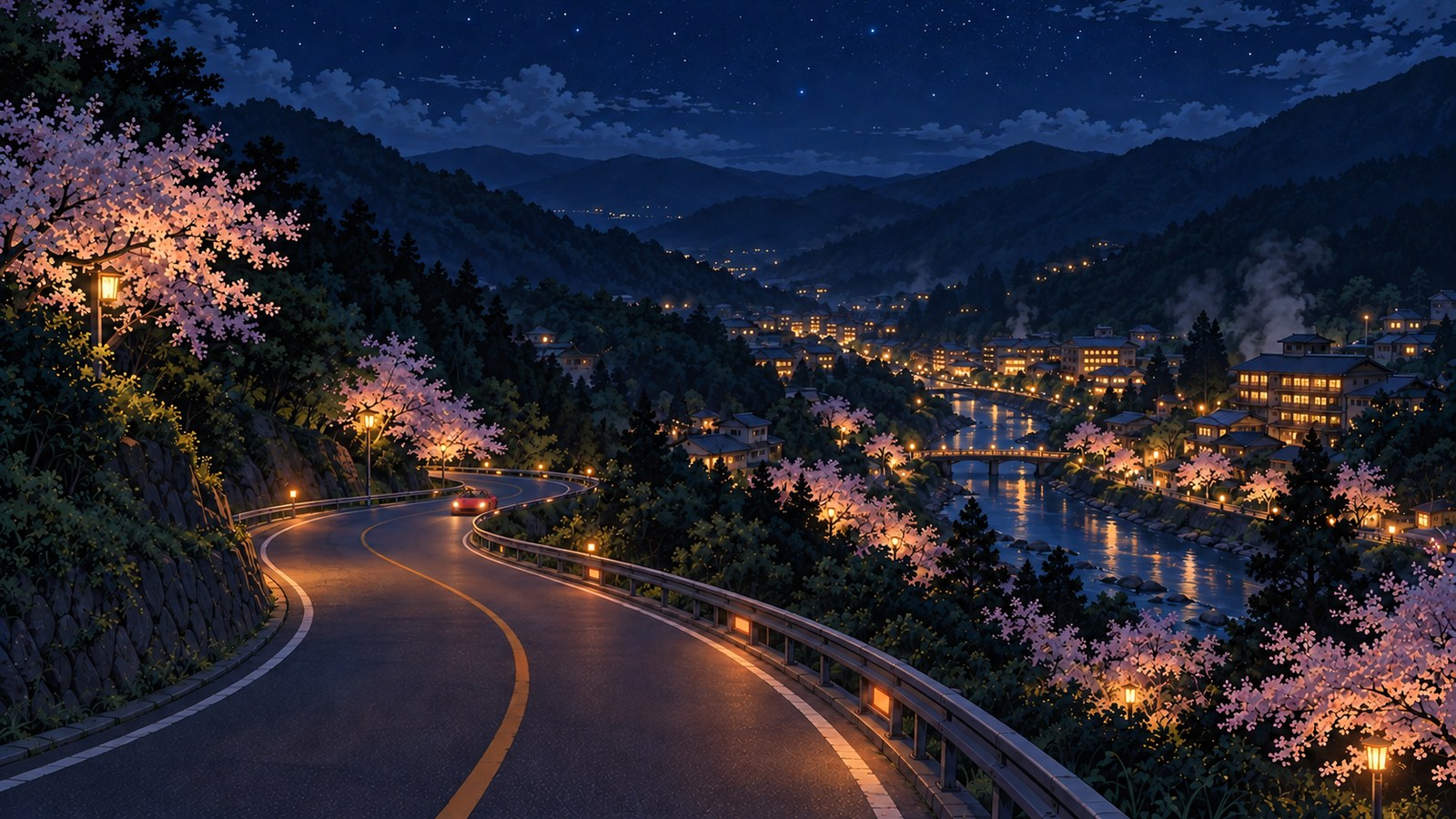4月の夜、桜が照らされる川沿いの温泉の町を見下ろすカーブの道を、屋根を開けた赤いオープンカーがライトをつけてこちらへ走ってくる。奥に湯けむりと町の明かり、星空