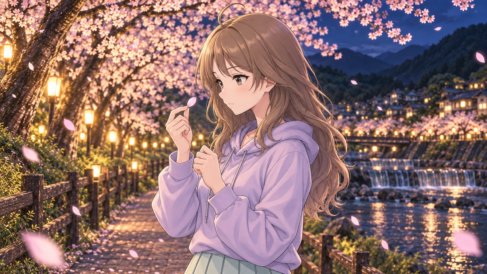 ライトアップされた宮城野早川堤の桜の下で、ラベンダーのパーカーの主人公が、指先にのせた1枚の花びらを顔の近くで真剣に見つめる。後ろに明かりの灯る川沿いの道と早川