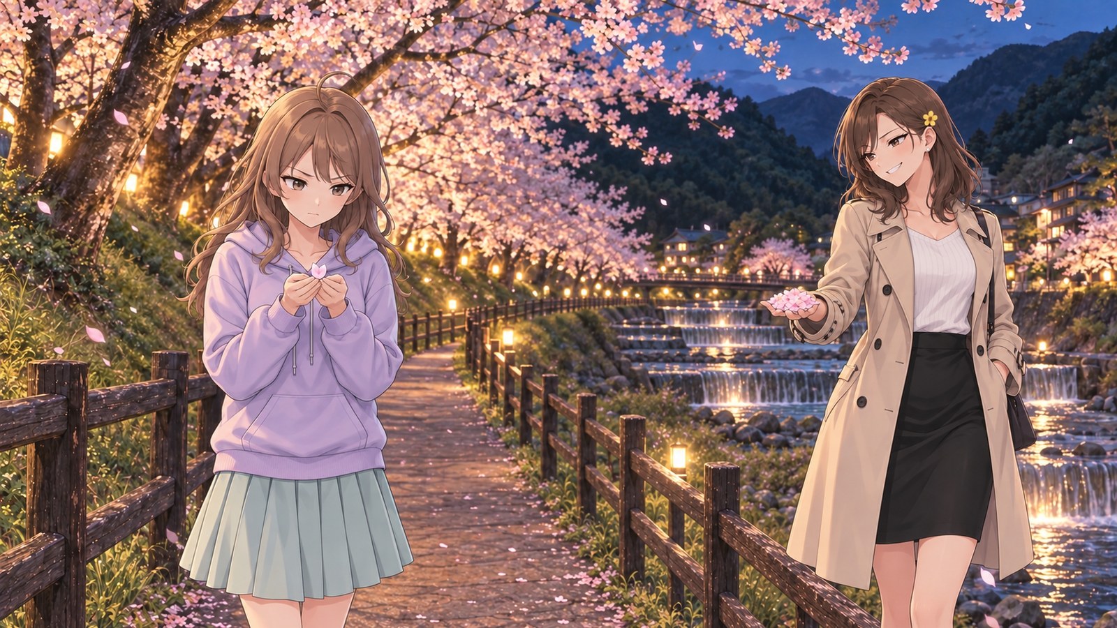 ライトアップされた宮城野早川堤の桜並木で、1枚の花びらを真剣に見つめる主人公と、少し離れて手のひらいっぱいの花びらを見せて勝ち誇る友達。横には早川が流れる