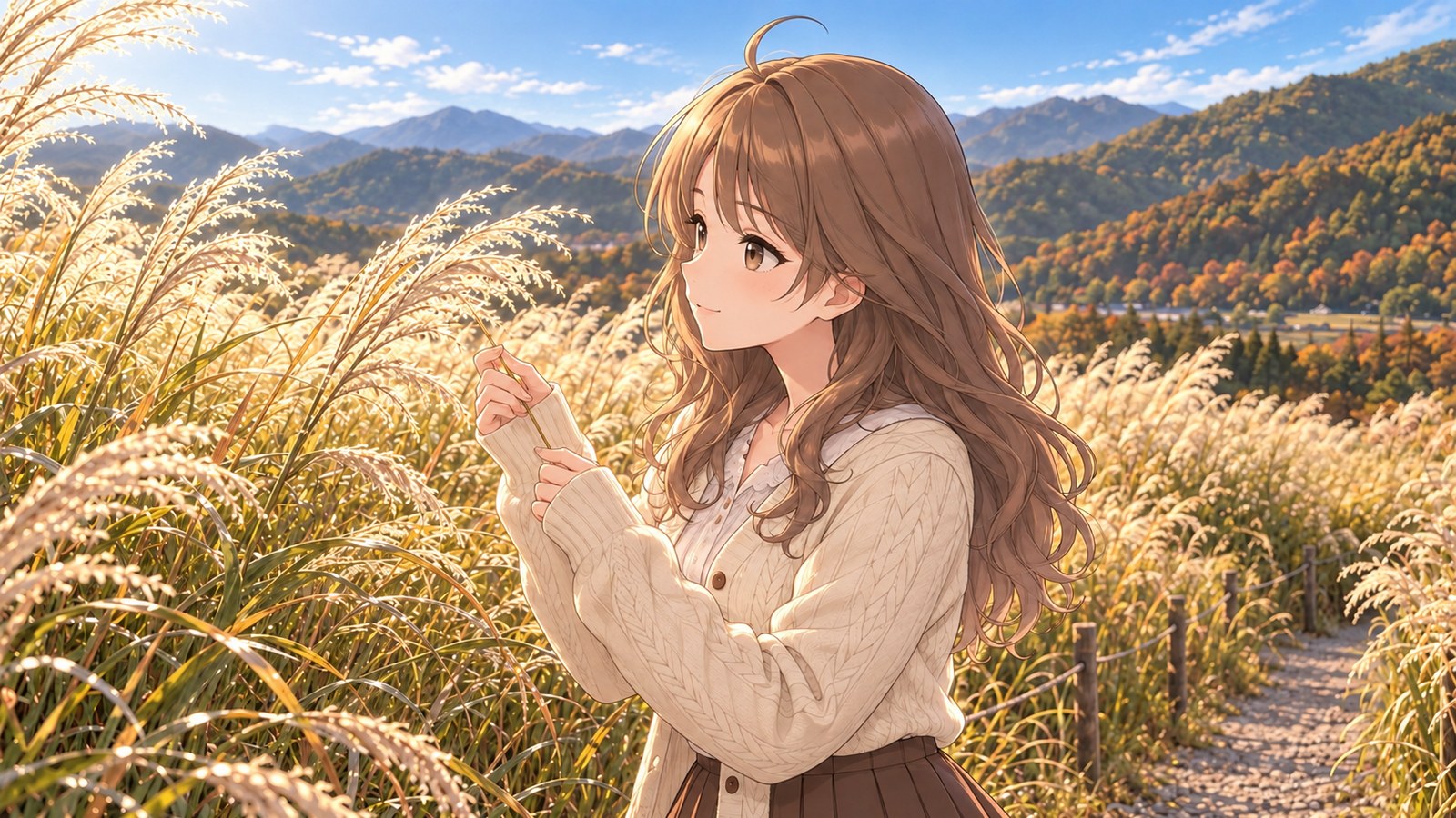 午前の光に輝く仙石原のすすきの中で、クリーム色のカーディガンの袖を手の甲までのばした主人公が、顔のすぐそばで揺れる穂を見つめる
