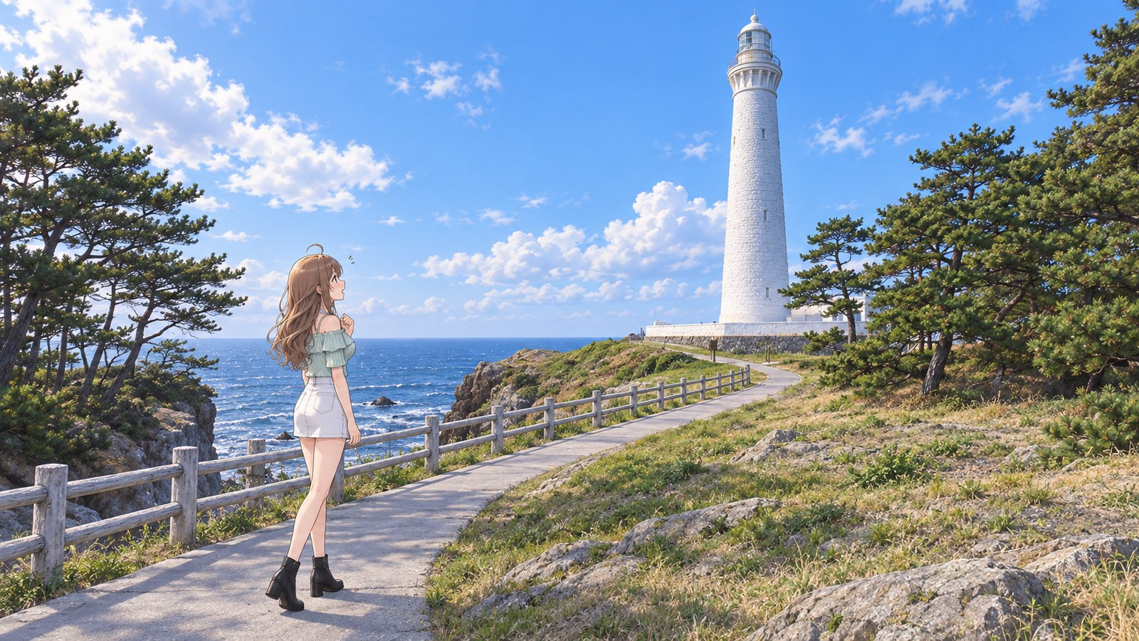 On the paved summer path to Izumo Hinomisaki Lighthouse, a woman walks on the inside of the seaside railing, looking up at the white tower. The railing has two horizontal bars.