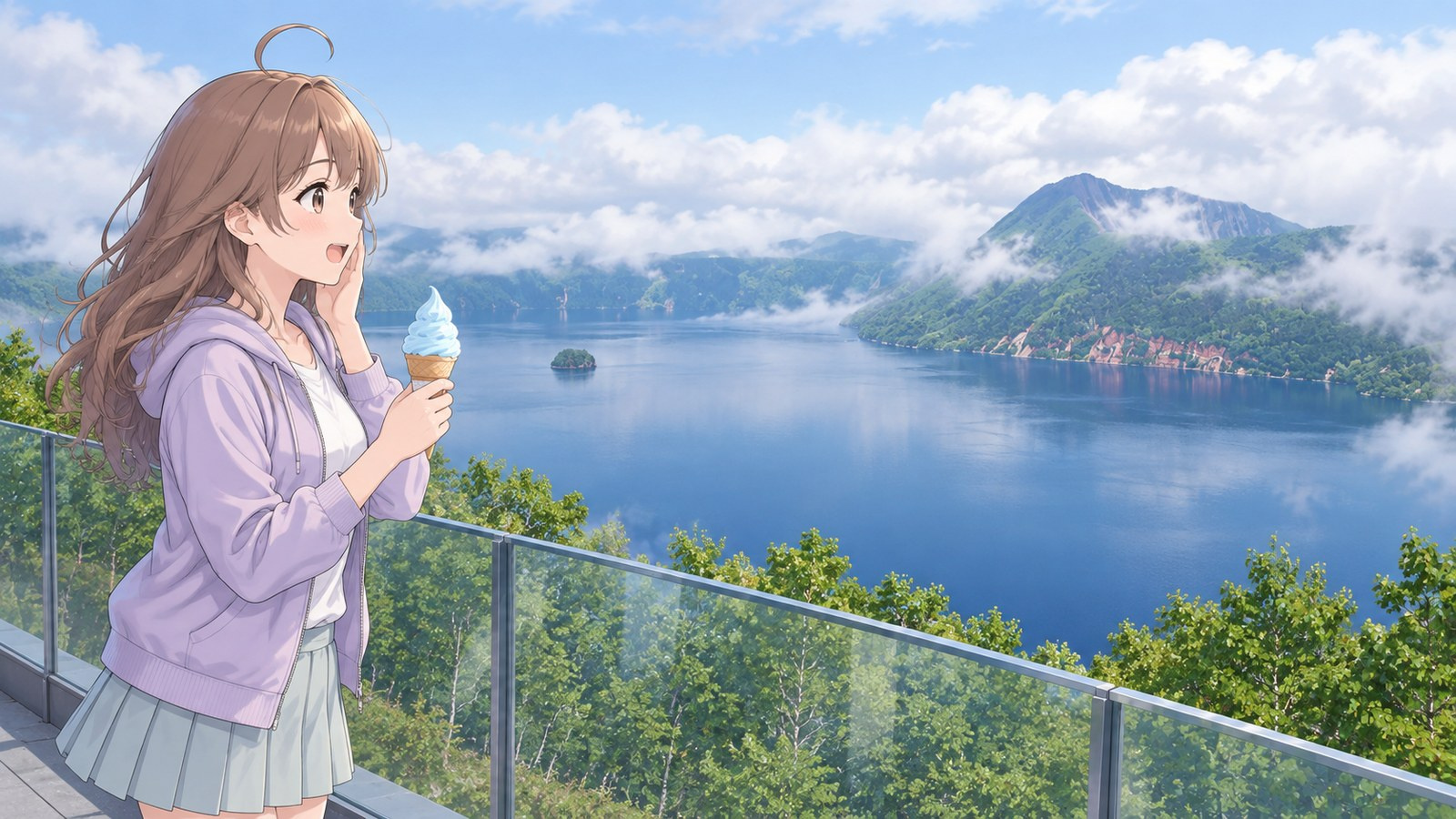A woman holding mint soft-serve and resting a hand on her cheek, with Lake Mashu and an island behind her