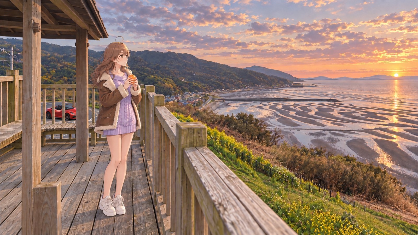 A woman on a wooden observation deck overlooking Okoshiki Coast at winter dusk, holding an Oda navel orange with both hands at her chest as she looks out over the tidal flats. Part of a red convertible is visible in a separate car park farther back.