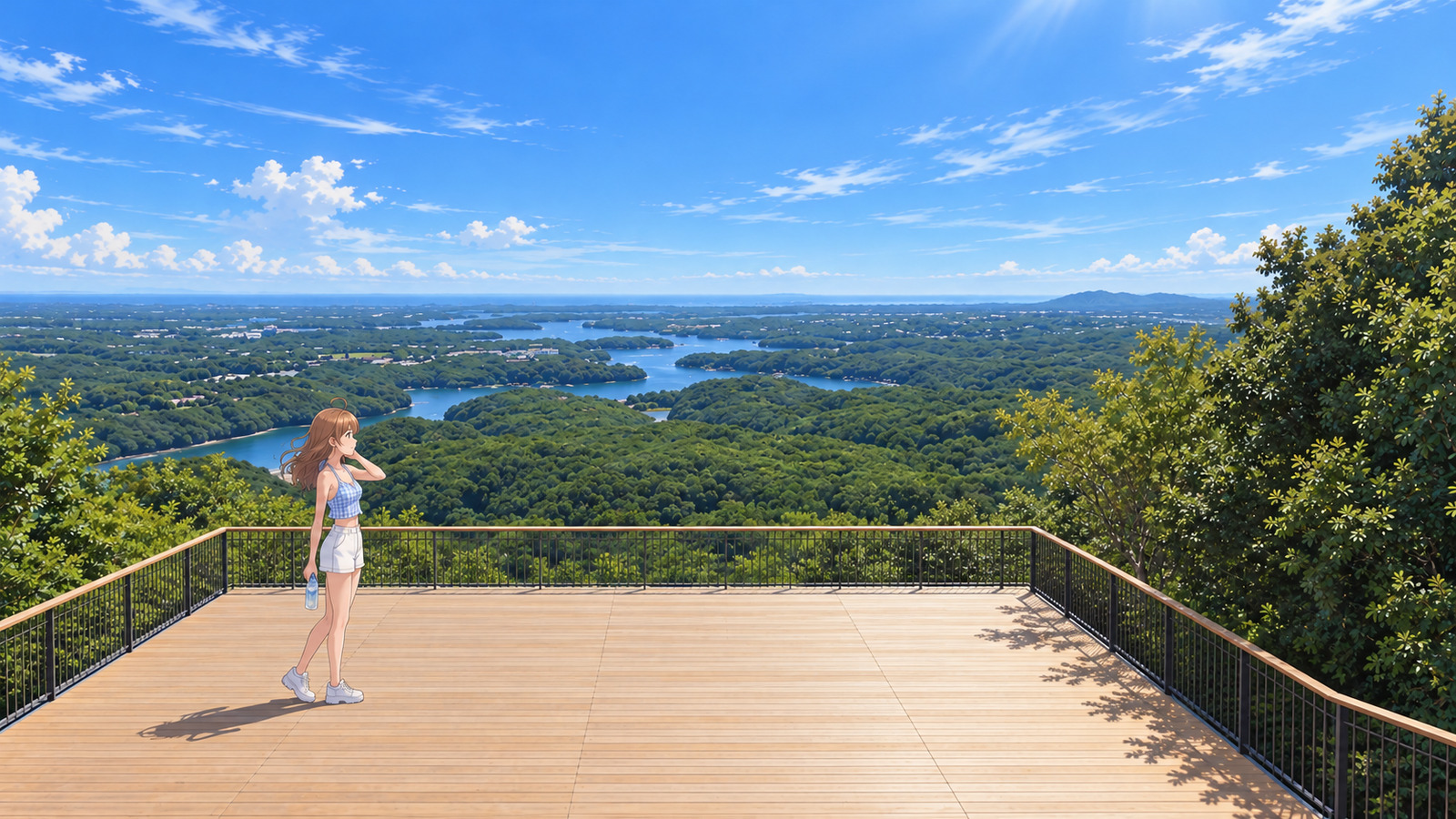 At Yokoyama Observatory in summer, a woman in an aqua gingham halter top, white shorts and white sneakers looks out over Ago Bay, one hand at her hair and a water bottle in the other.