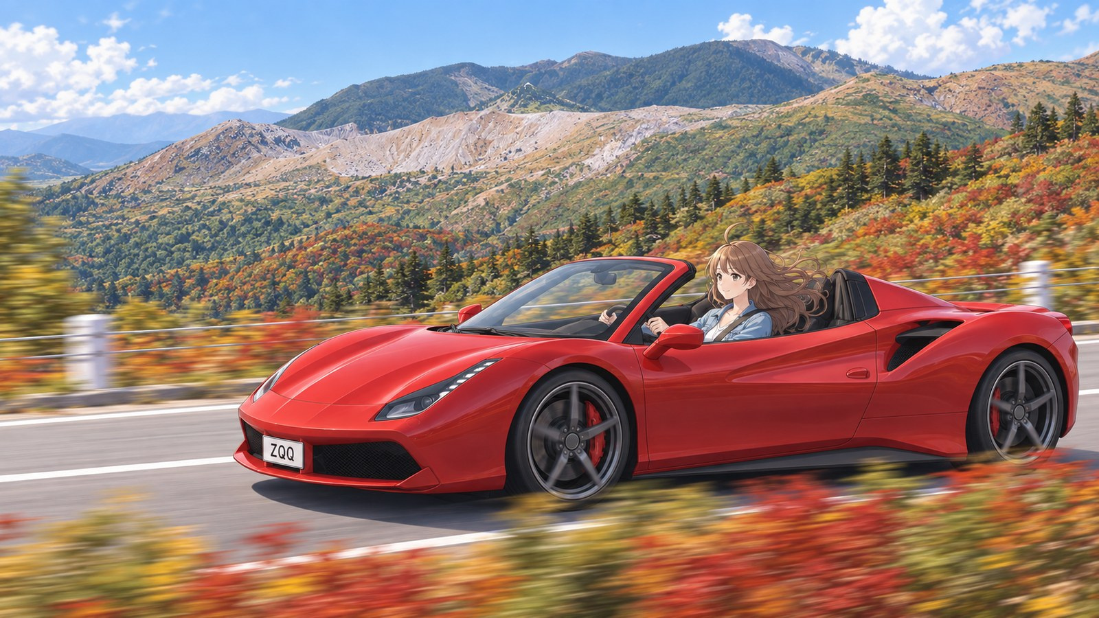 The narrator driving a red convertible near Shibu Pass, with autumn leaves on the mountainside behind her
