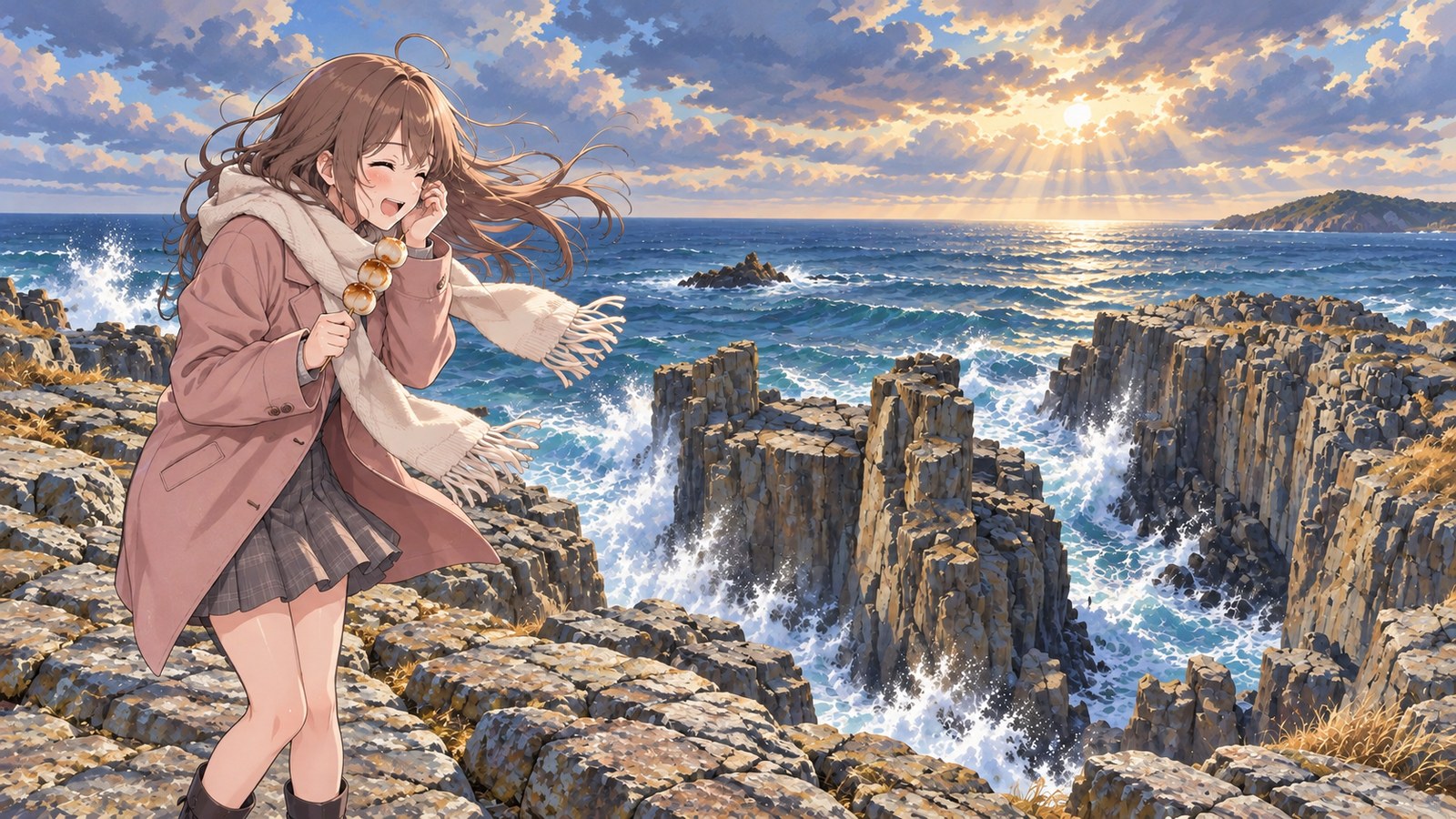 At Tojinbo in winter, a woman holds a grilled scallop skewer and tucks back her windblown hair, with the columnar cliffs and rough sea behind her.