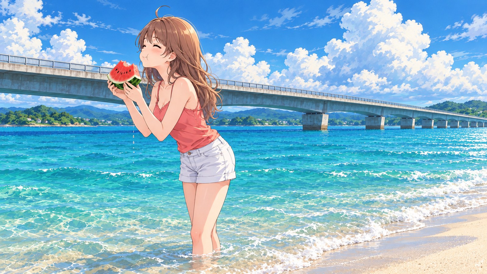 A young woman laughs as she bites into a watermelon held in both hands, with the white-sand beach, clear shallows, and Kouri Bridge stretching from the left into the distance behind her.