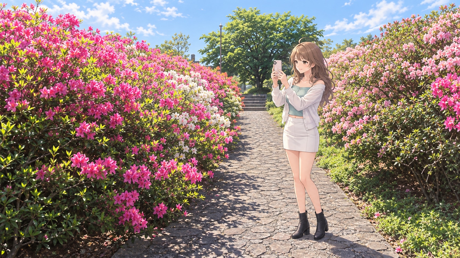 In spring at Inasayama Park, a woman stands on a stone-paved path between azaleas and photographs the flowers on her left with both hands around her phone.