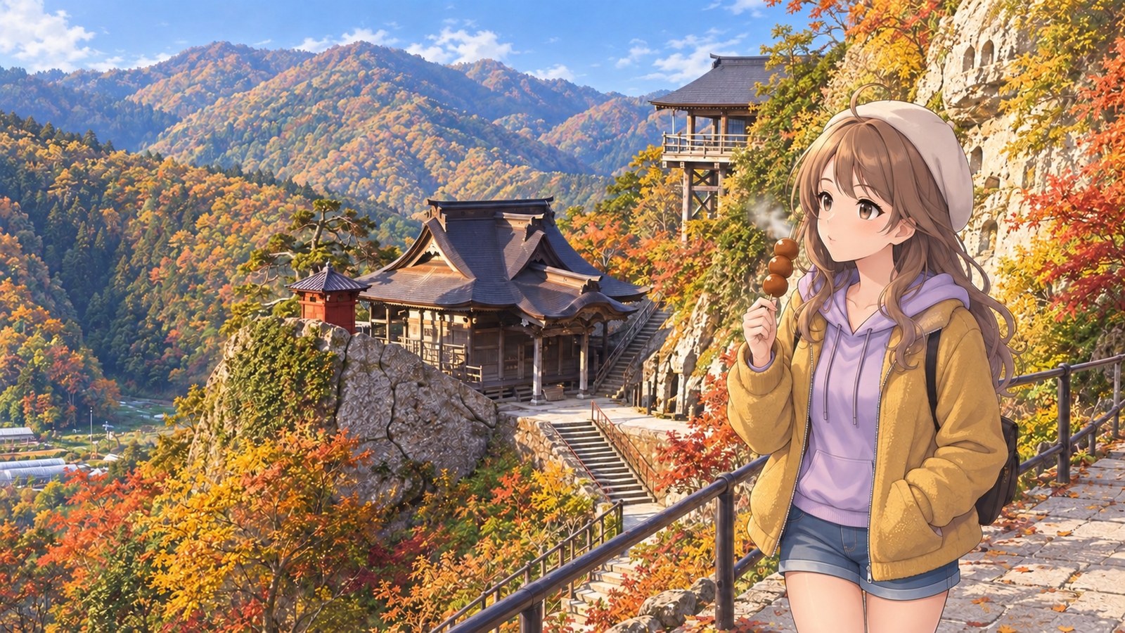 A woman blowing on a skewer of chikara konnyaku, with Yamadera’s Godaidō and Nōkyōdō on a rocky, leaf-covered mountainside behind her