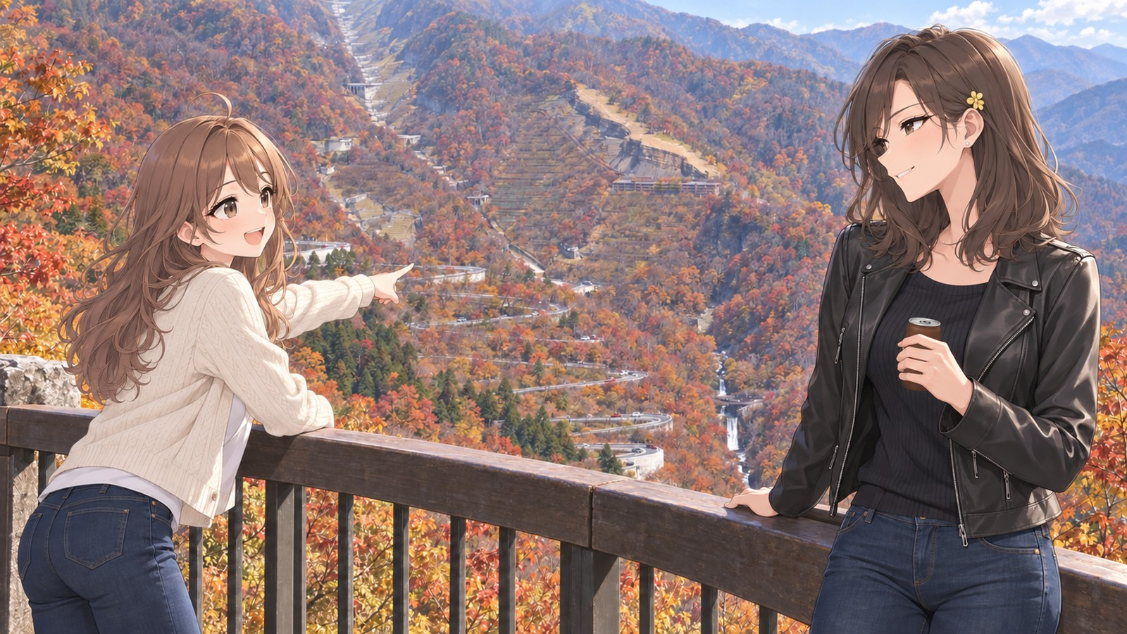 The narrator points to Irohazaka winding through an autumn hillside from Akechidaira, while her driving friend stands farther away holding a can of coffee.