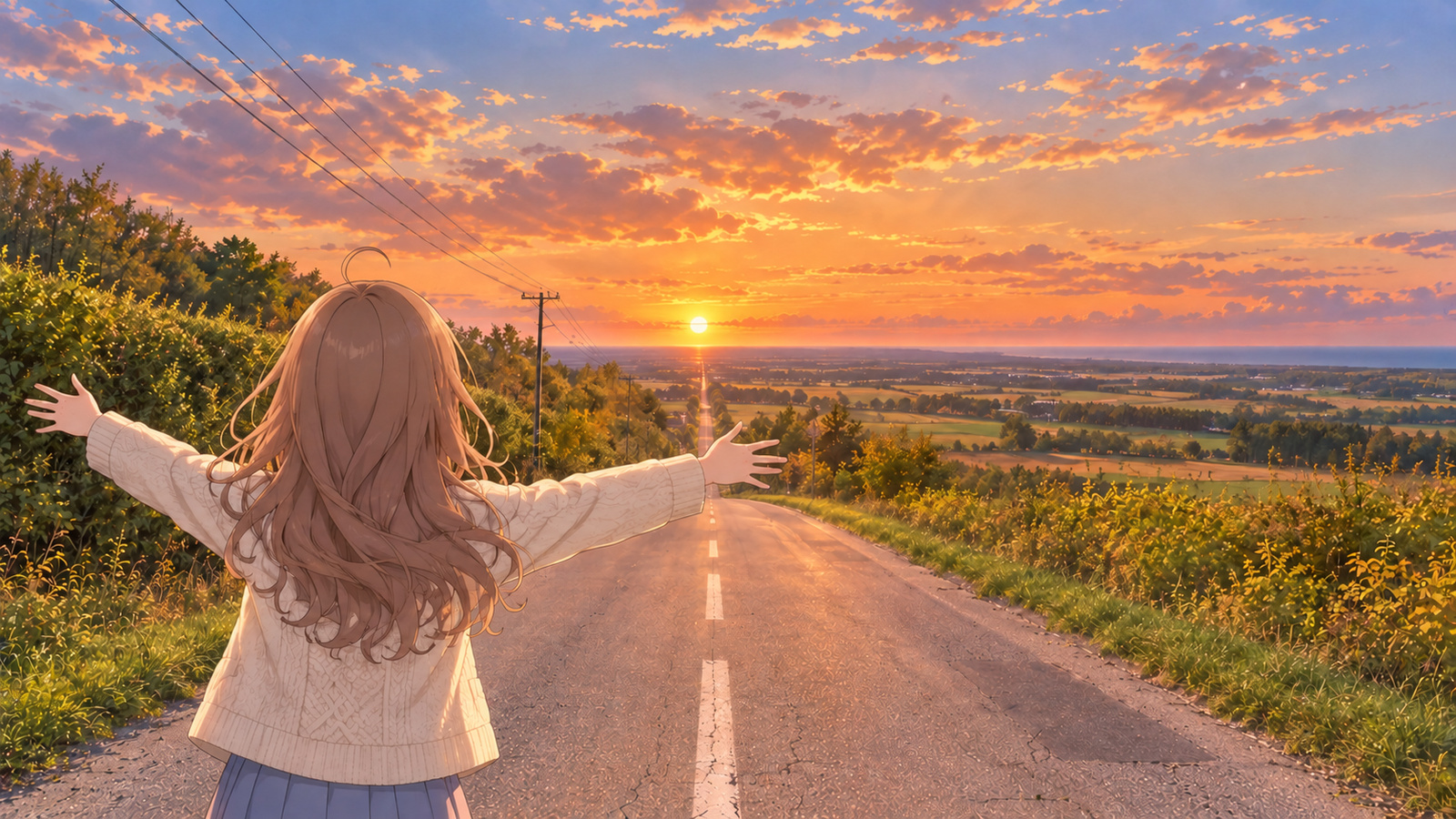 Seen from behind, the heroine stands with both arms outstretched towards the sun setting at the end of Ten ni Tsuzuku Michi, a straight road between fields and windbreaks.