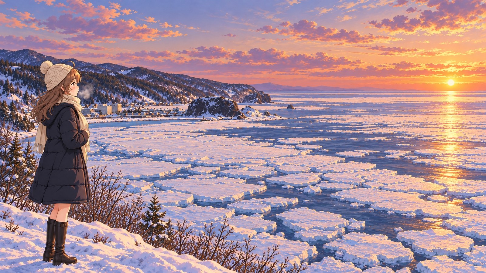 A woman in a navy down coat watches the drift-ice-covered sea and sunset, her breath visible in the cold.