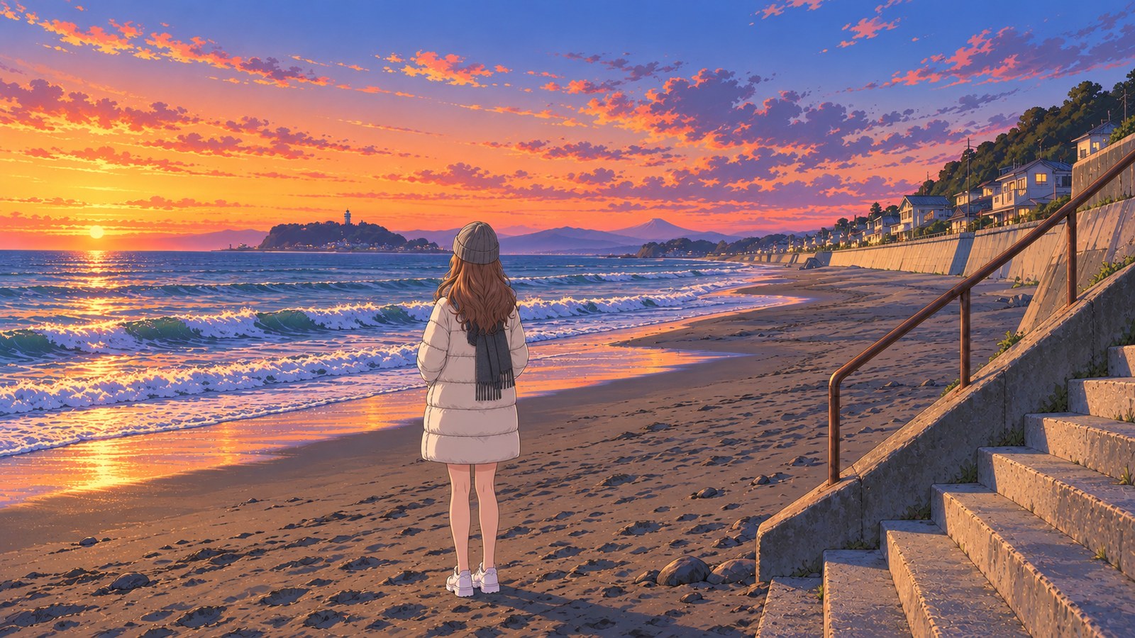 At Shichirigahama Beach after sunset, the heroine is seen from behind in a cream-colored coat, gazing toward Enoshima and the silhouette of Mount Fuji against the fading light.