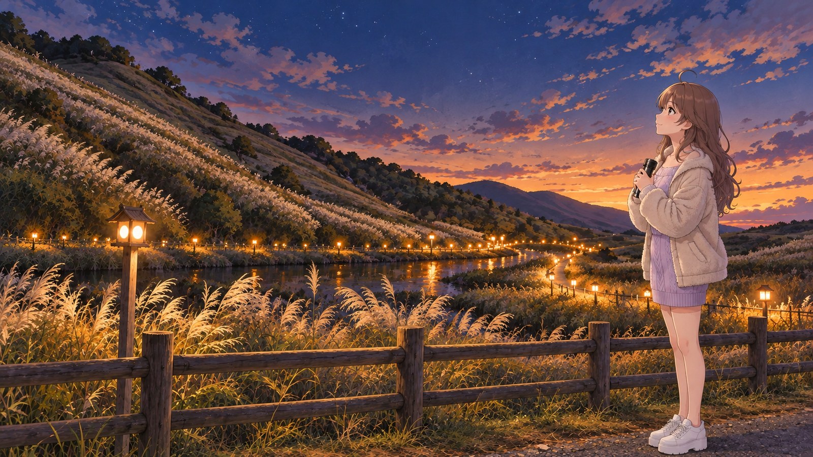 A woman on the path outside the fence at Soni Kogen at dusk, holding a small flashlight in both hands at chest height as she looks at the silver grass and lights around Okame Pond