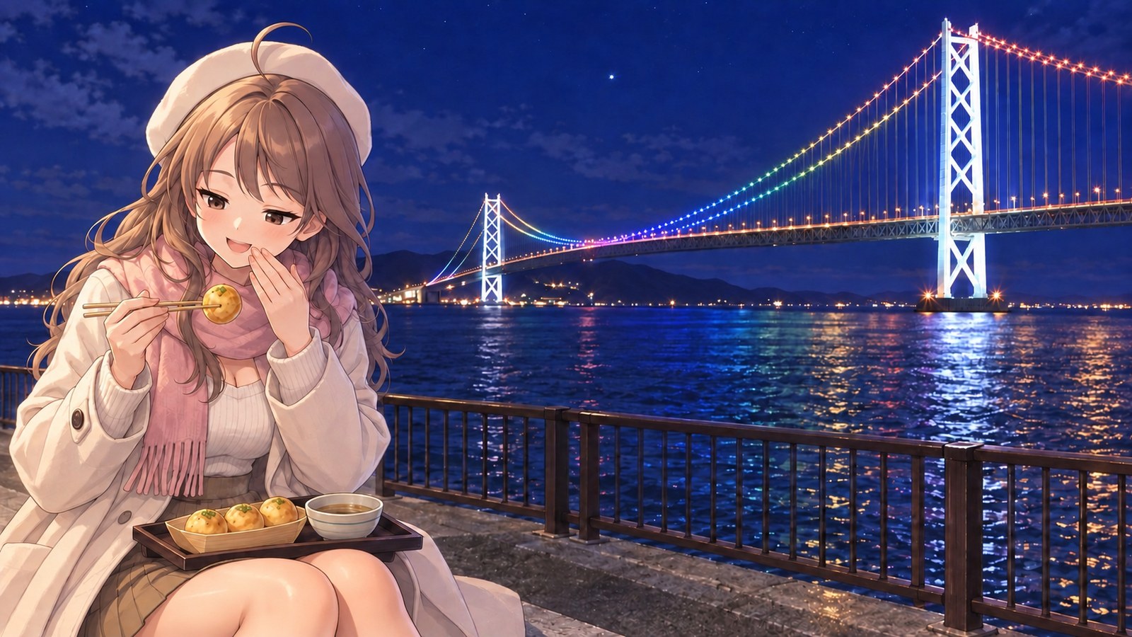 A woman on the seaside promenade at Maiko lifts a piece of Akashiyaki to her mouth with chopsticks and cups her other hand beside her mouth, with the Akashi Kaikyo Bridge at night behind her.