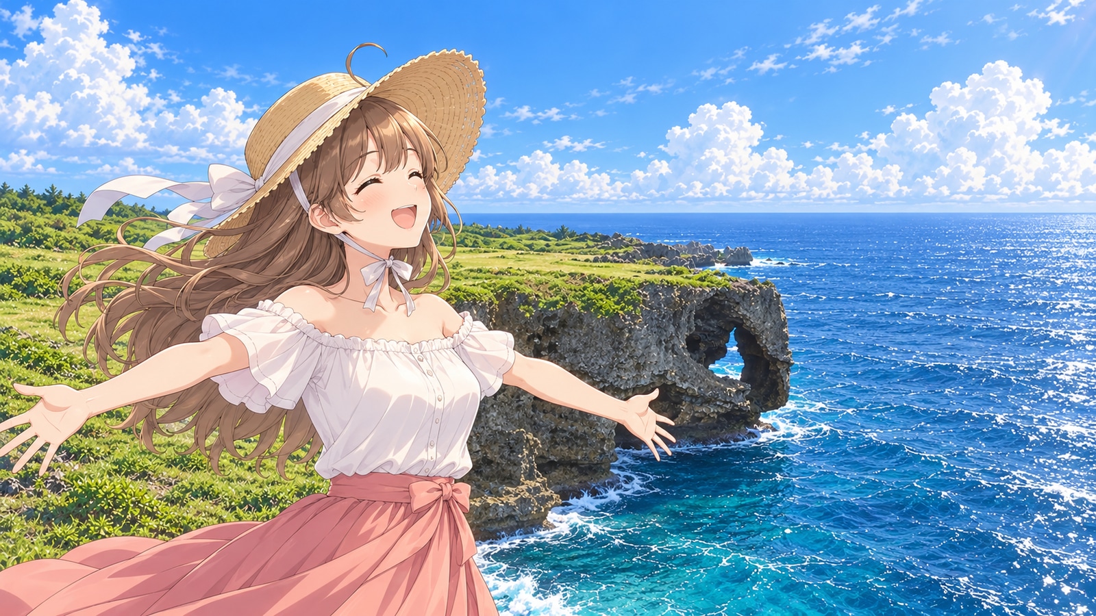 A woman in a straw hat stands with both arms outstretched, with Manzamo's elephant-trunk-shaped cliff and the East China Sea behind her