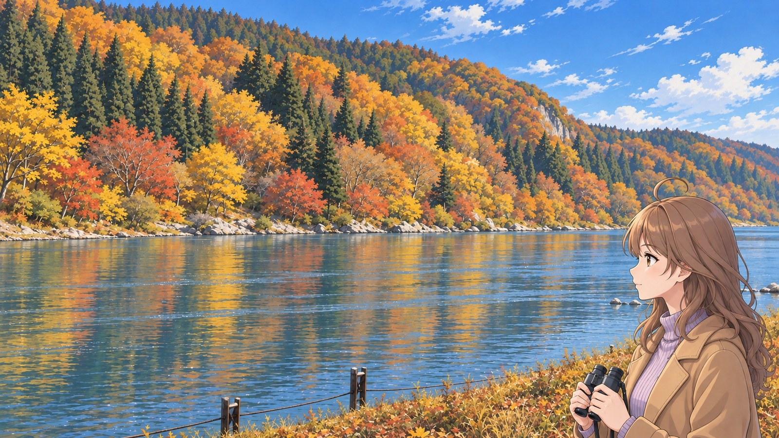 Across the river, autumn-colored trees mingle with green conifers at Mogami Gorge. A woman in a camel coat and lavender sweater lowers her binoculars to her chest and watches their reflections waver on the water.